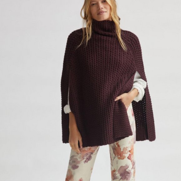 Anthropologie NWT Bell-Sleeved Knit Poncho Knit Sweater one size Wine Burgundy